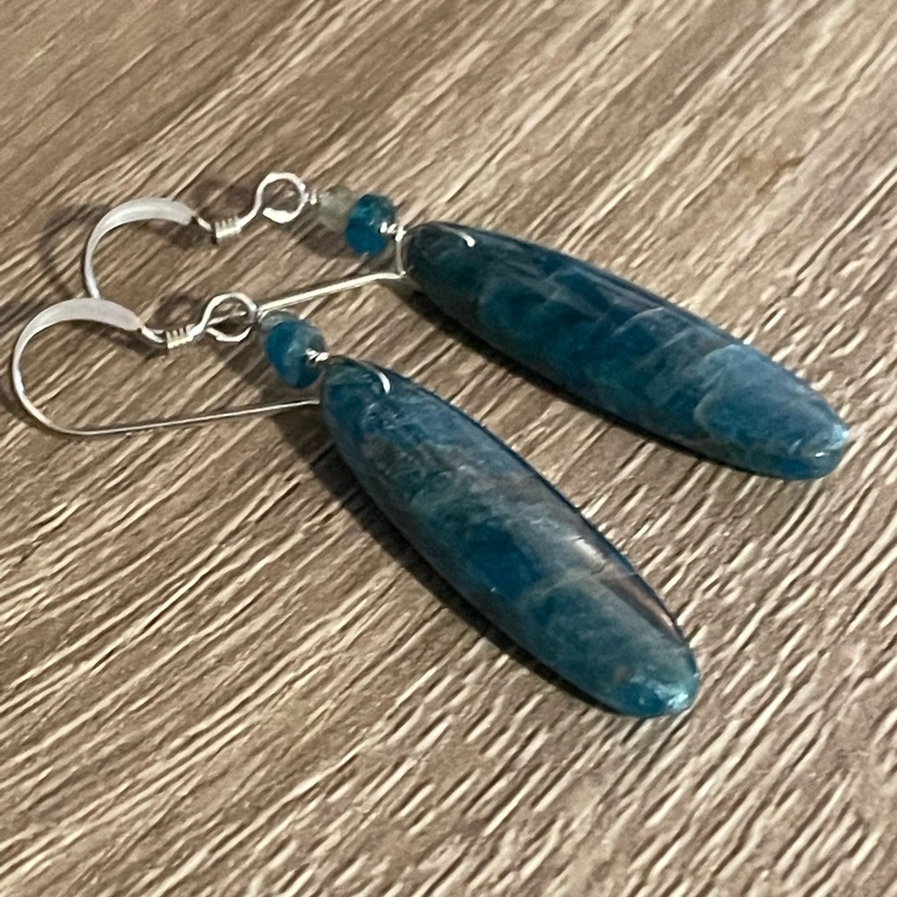 Neon blue flash Apatite nugget gemstone long earrings  S.S.